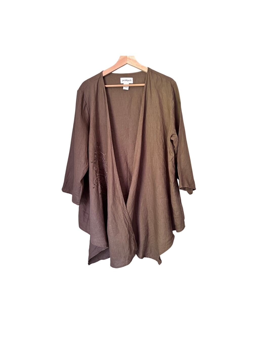 Linen Open Duster Cardigan Beaded Brown Size XL